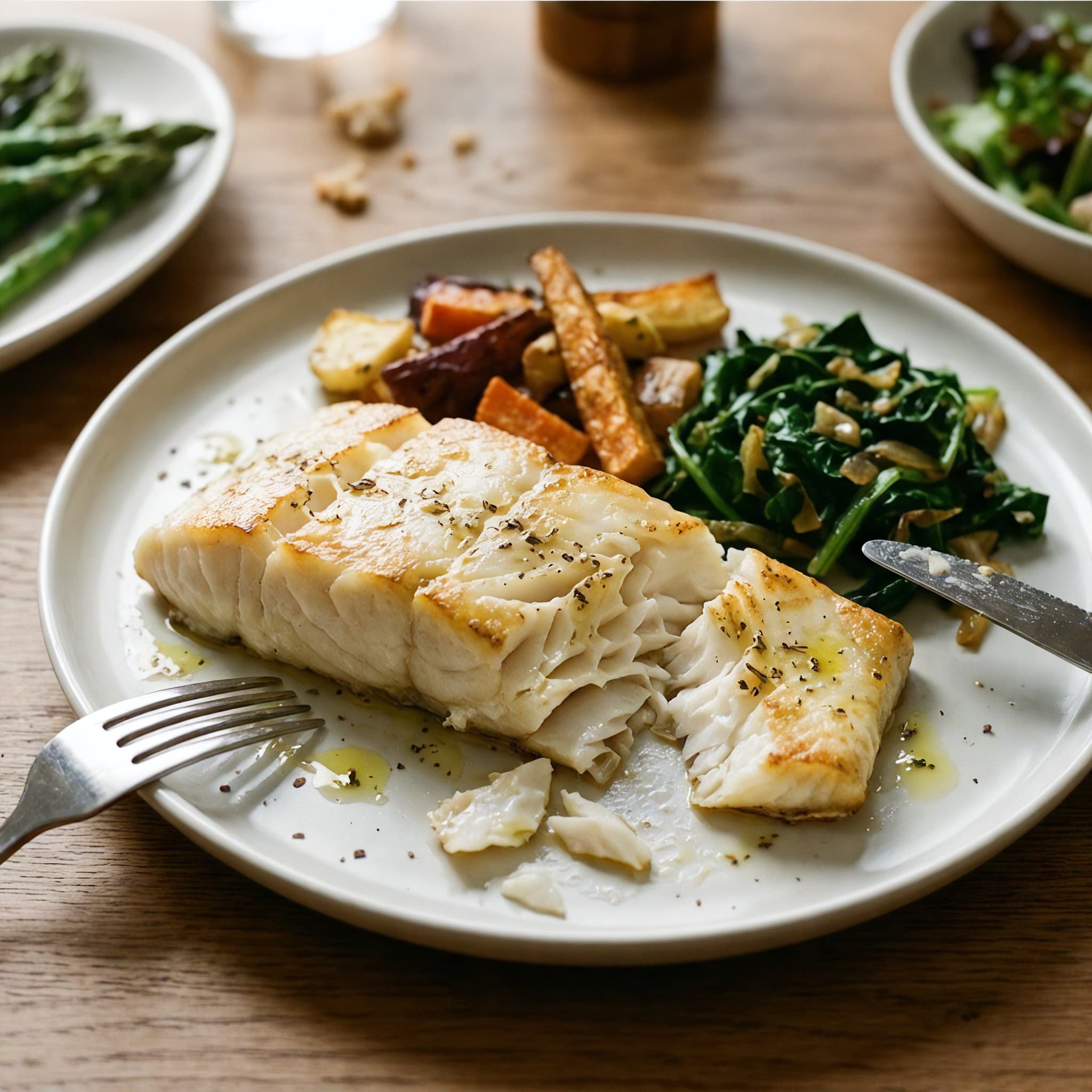 A plate with salmon, potatoes, and spinach